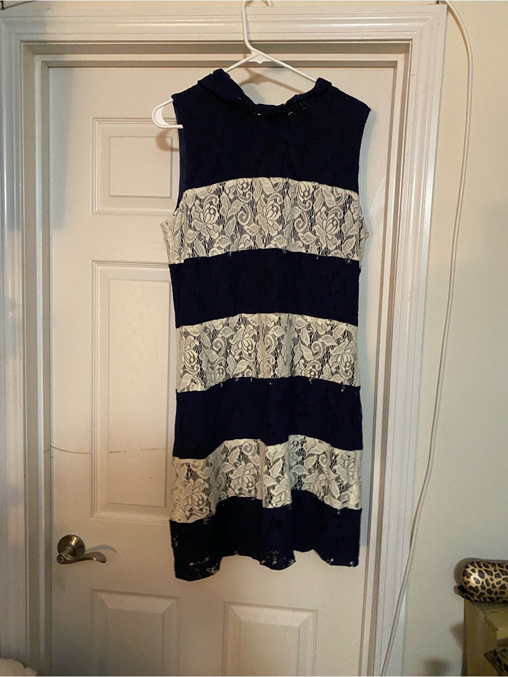 ANTONIO MELANI Navy and Cream Lace-Stripe Sleeveless Dress